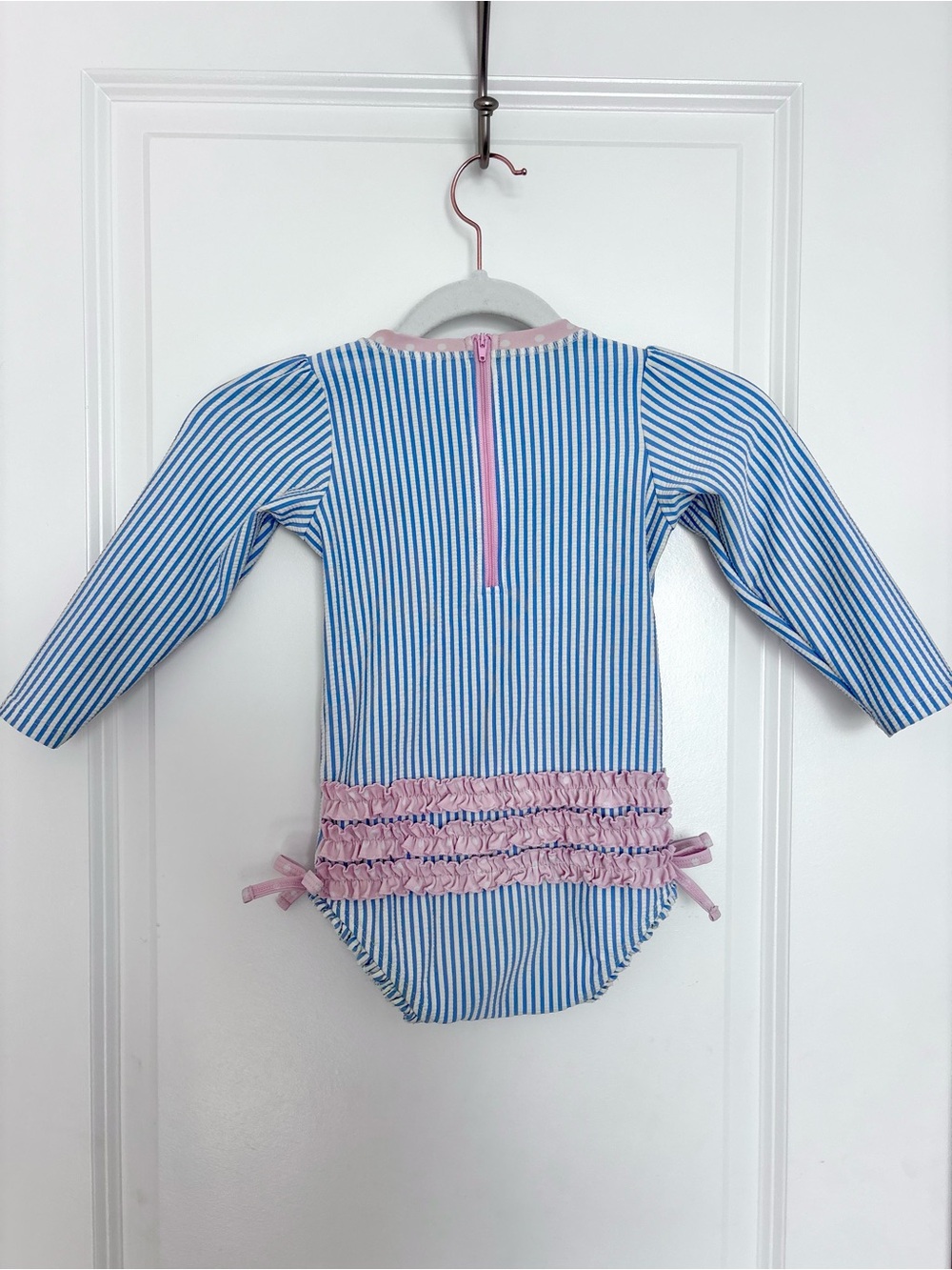 RuffleButts Blue White Stripe Rash Guard Swimsuit Girls Pink Ruffle 2T